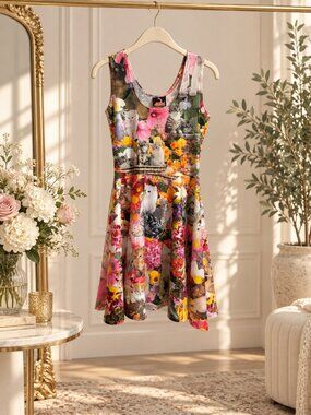Pretty Snake Kitty Garden Party Cat Floral Skater Dress Rare Kawaii